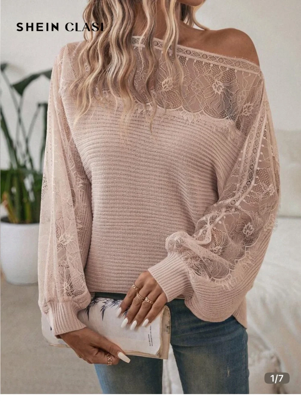 SHEIN Blush Pink Lace Off-Shoulder Sweater